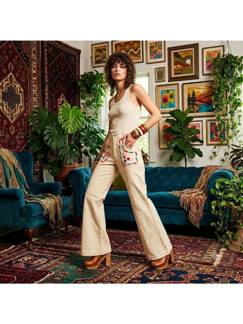 Vintage 70s Embroidered Floral Patch Pocket Cream Flare Bell Bottom Pants Small